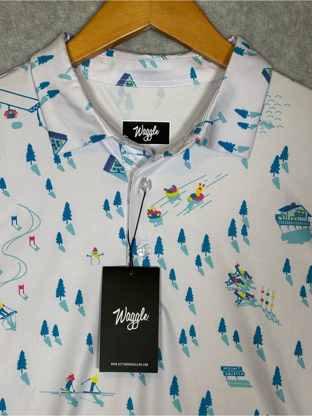 Waggle Golf Downhill Print Short Sleeve Classic Golf Polo Shirt-White-Men XL - Picture 4 of 7